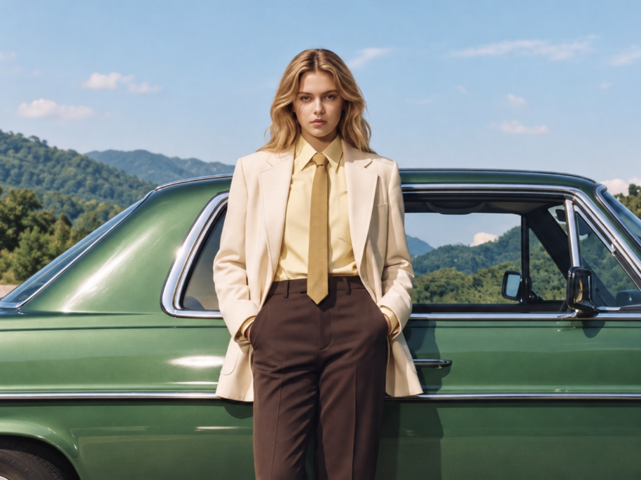 Woman standing in front of vintage green car outdoors